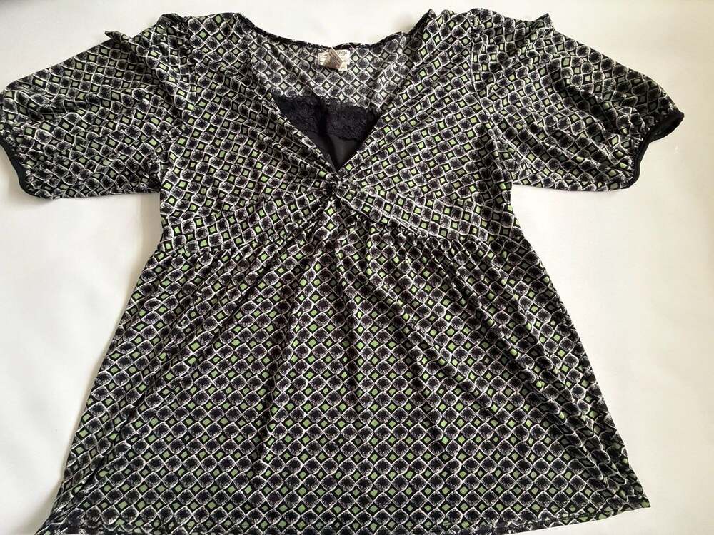 Vintage Blouse Womens 3X Green Black Geo Print Y2K Top
